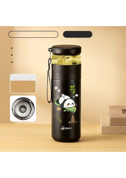 Gianxi 480ML Paslanmaz Çelik Termo Şişe Ev ve Mutfak Su Şişesi Içki Taşınabilir Panda Panda Desen Kahve Kupası Filtre Kapasitesi: 480ML/RENK: Siyah 316 D (Yurt Dışından)