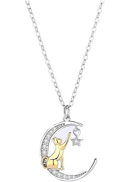 S925 Ayar Gümüş Kolye Ay Sevimli Kedi Basit Kız Küçük Taze Köprücük Kemiği Zincir Kolye Ucu (Yurt Dışından)