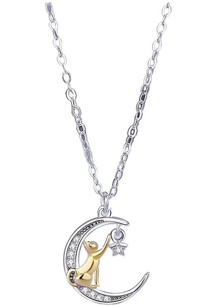 S925 Ayar Gümüş Kolye Ay Sevimli Kedi Basit Kız Küçük Taze Köprücük Kemiği Zincir Kolye Ucu (Yurt Dışından) fiyatları