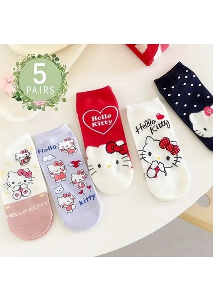 5 Çift Kawaii Sanrio Pamuk Çoraplar Anime Kawaii Kızlar Spor Çorapları Hello Kitty Spor Nefes Alabilen Kadınlar Sockcolor: 5 Çift Bir Beden Karıştırın (Yurt Dışından)