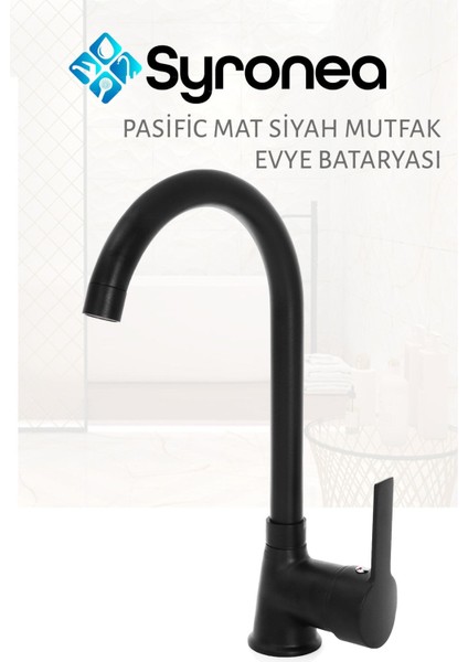 Pasific Siyah Mutfak Evye Bataryası Aç Kapa Musluk Sıcak ve Soğuk Su Girişli