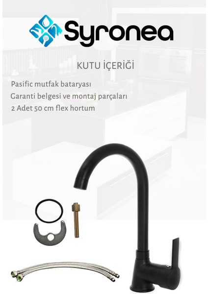 Pasific Siyah Mutfak Evye Bataryası Aç Kapa Musluk Sıcak ve Soğuk Su Girişli modelleri