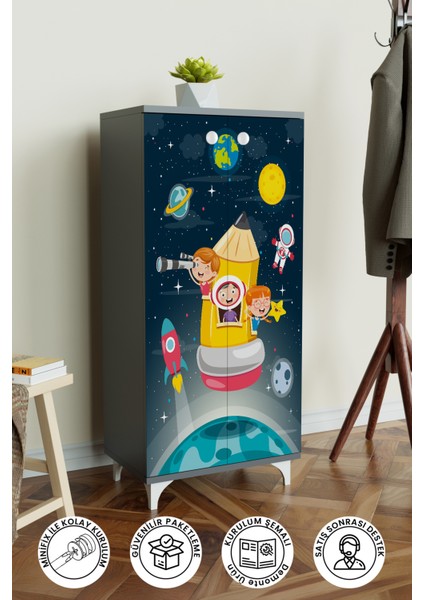 Uzay Temalı Çocuk Odası Dolap 3 Raflı Çok Amaçlı Baskılı Oyuncak Dolabı