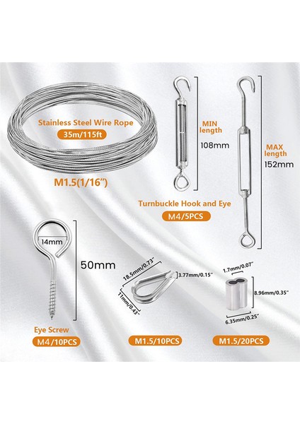 1/16INCH Turnikili Tel Germe Kiti Ağır Turnikli Kablo Korkuluk Kiti 115FT Tel Halat Kancası ve Göz Turnikili Kiti (Yurt Dışından) fiyatları