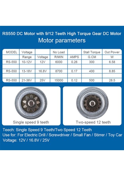 Elektrikli Matkap/tornavida Için Iki Vitesli 11 Diş ve Yüksek Tork Dişli Kutusu ile 2x RS550 18V 19500 Rpm Dc Motor (Yurt Dışından) fiyatları