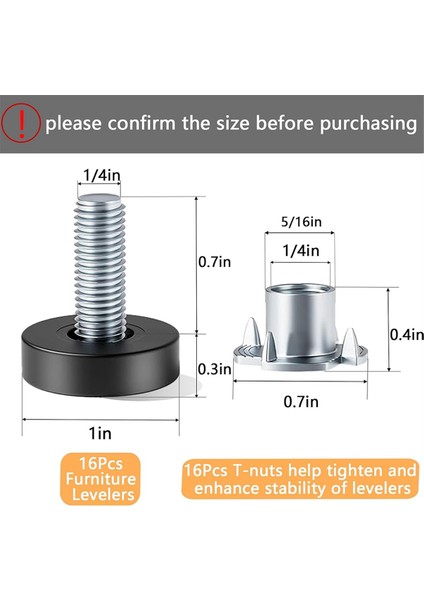 1/4 Inç Iplik Tesviye Ayakları, 16 Adet T-Futatası ile 16 Adet Mobilya Tesviye, Ayarlanabilir Mobilya Ayakları Dişli Vida Içinde (Yurt Dışından) fiyatları