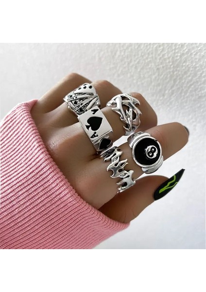 Vintage Gotik Kalp Yüzükleri Kadınlar Için Set Seti Erkekler Punk Oyun Kart Melezi Geometrik Içi Bütün Halkası Retro Parmak Yüzüğü Jewelrymain Taş Renk: Tek Yüzük (Yurt Dışından)