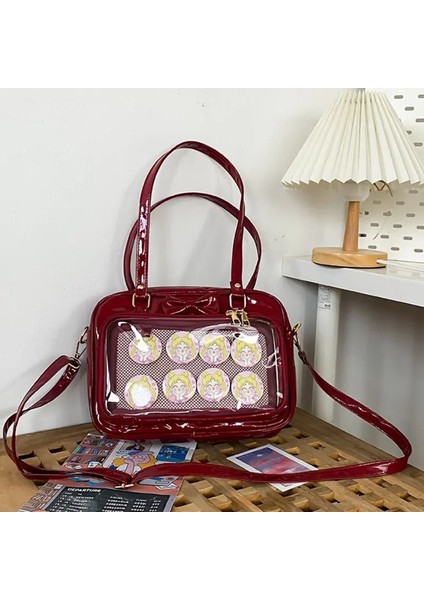 Japon Sevimli Şeffaf Patent Deri Itabag Moda Kızlar Jk Omuz Çantası Öğrenci Kişilik Crossbody Çantası Ita Çanta Çanta Renk: Kırmızı Yok Rozet (Yurt Dışından)
