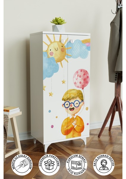 Sunny Day Çocuk Odası Beyaz Dolap 3 Raflı Çok Amaçlı Baskılı Oyuncak Dolabı