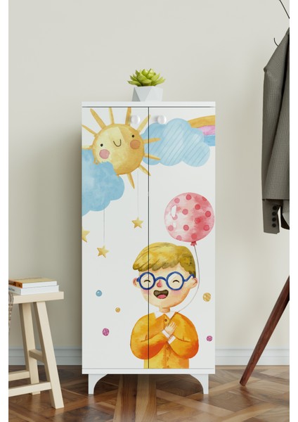 Sunny Day Çocuk Odası Beyaz Dolap 3 Raflı Çok Amaçlı Baskılı Oyuncak Dolabı modelleri