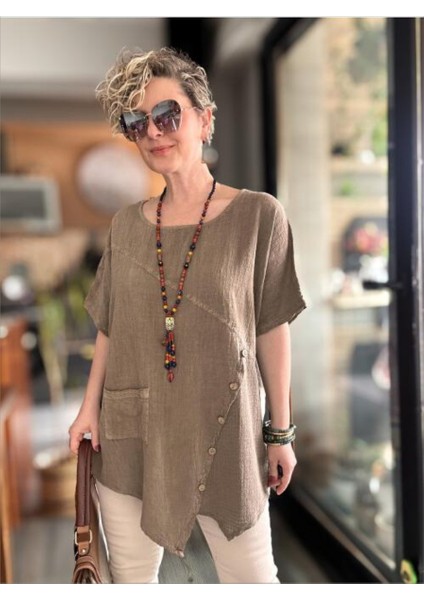 Kadın Büyük Beden Çapraz Düğme Cep Detay %100 Pamuk Asimetrik Bluz