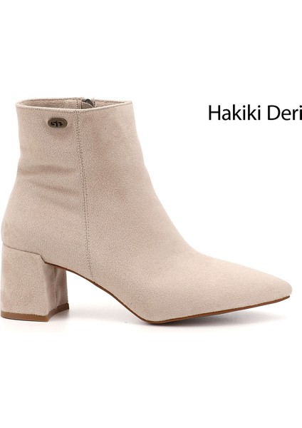 Kadın Ten Fermuarlı Sivri Burun Kalın Topuklu Bot