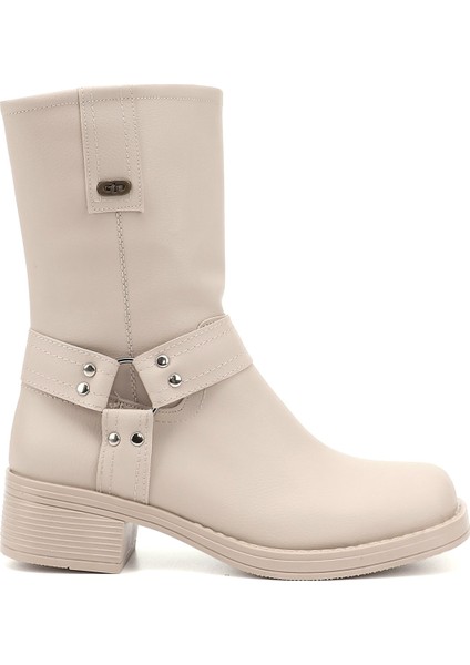 Kadın Ten Fermuarlı Küt Burun Kalın Topuklu Biker Bot