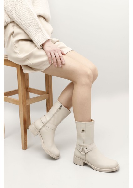 Kadın Ten Fermuarlı Küt Burun Kalın Topuklu Biker Bot fiyatları