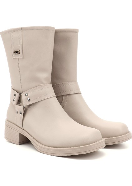 Kadın Ten Fermuarlı Küt Burun Kalın Topuklu Biker Bot modelleri