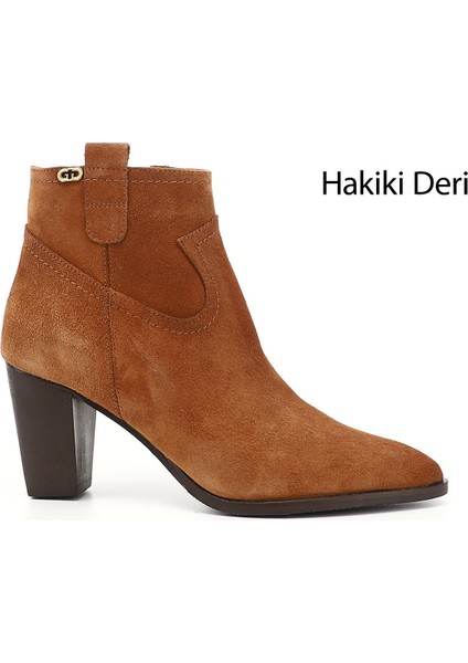 Kadın Taba Fermuarlı Sivri Burun Hakiki Deri Bot