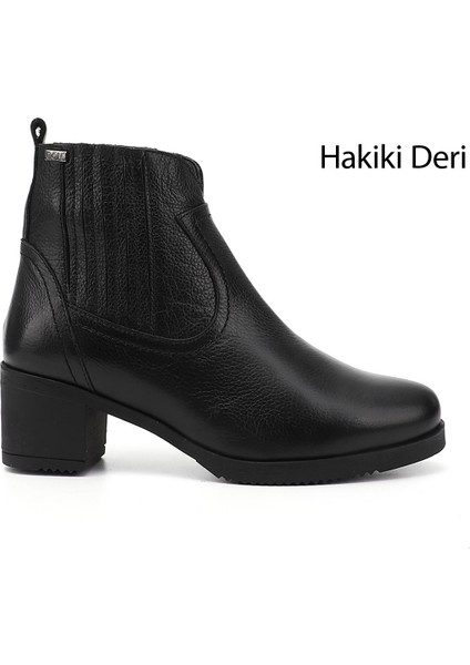 Kadın Siyah Fermuarlı Kalın Topuklu Hakiki Deri Bot