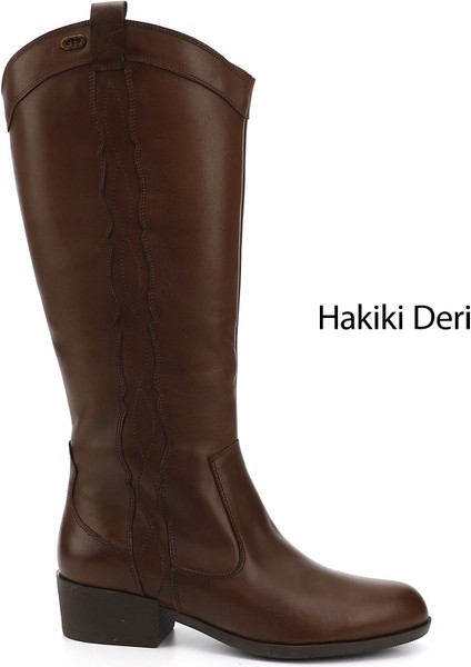 Kadın Kahve Antik Fermuarlı Kalın Topuklu Hakiki Deri Kovboy Çizme