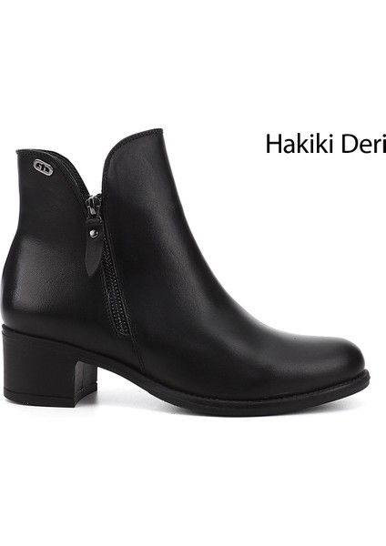 Kadın Siyah Çift Fermuarlı Kalın Topuklu Hakiki Deri Bot