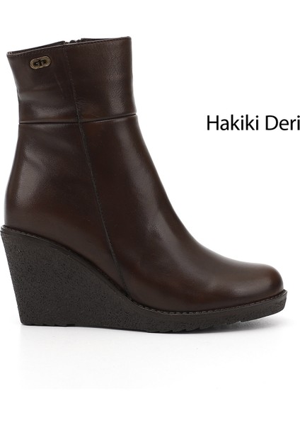 Kadın Kahverengi Fermuarlı Dolgu Topuklu Hakiki Deri Bot