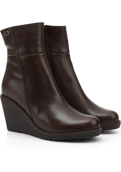 Kadın Kahverengi Fermuarlı Dolgu Topuklu Hakiki Deri Bot modelleri