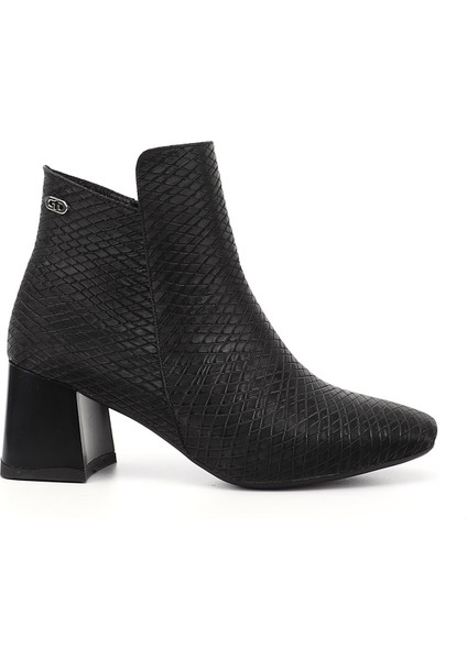 Kadın Siyah Deri Fermuarlı Kalın Topuklu Bot