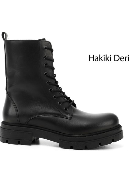 Kadın Siyah Fermuarlı Hakiki Deri Postal Bot