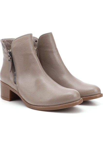 Kadın Bej Çift Fermuarlı Kalın Topuklu Hakiki Deri Bot fiyatları