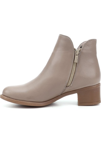 Kadın Bej Çift Fermuarlı Kalın Topuklu Hakiki Deri Bot modelleri