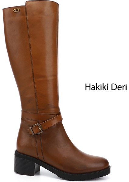 Kadın Taba Antik Fermuarlı Kalın Topuklu Hakiki Deri Çizme