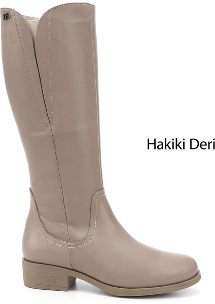 Kadın Bej Fermuarlı Kalın Topuklu Hakiki Deri Çizme