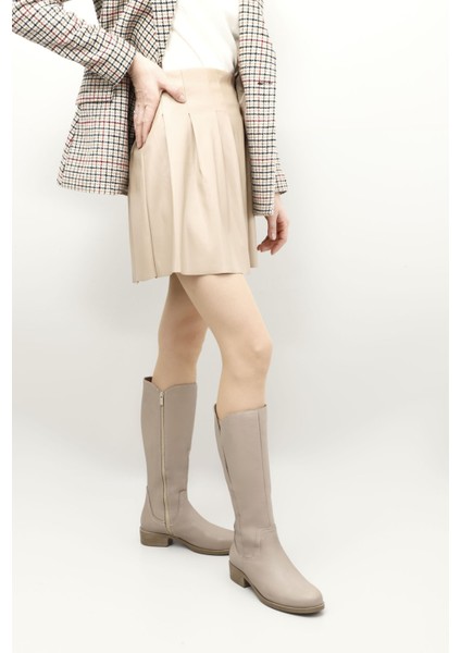 Kadın Bej Fermuarlı Kalın Topuklu Hakiki Deri Çizme fiyatları