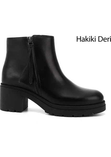 Kadın Siyah Fermuarlı Kalın Topuklu Hakiki Deri Bot