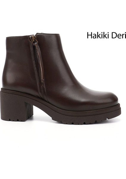 Kadın Kahve Antik Fermuarlı Kalın Topuklu Hakiki Deri Bot
