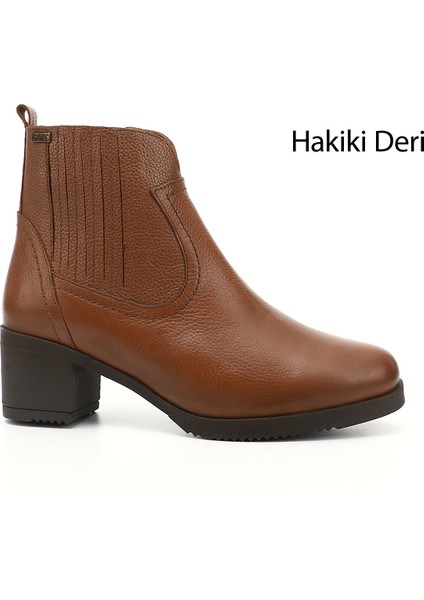 Kadın Taba Fermuarlı Kalın Topuklu Hakiki Deri Bot