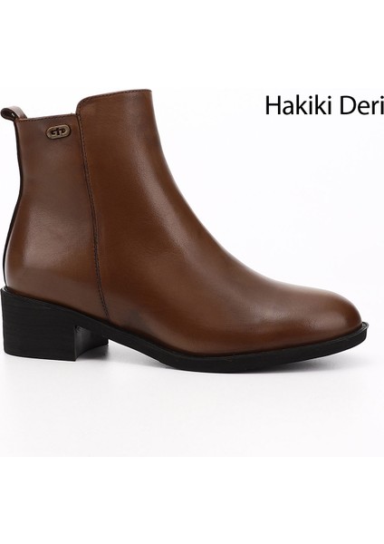 Kadın Taba Antik Fermuarlı Kalın Topuklu Hakiki Deri Bot