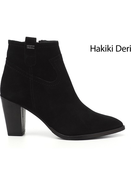 Kadın Siyah Deri Fermuarlı Sivri Burun Hakiki Deri Bot
