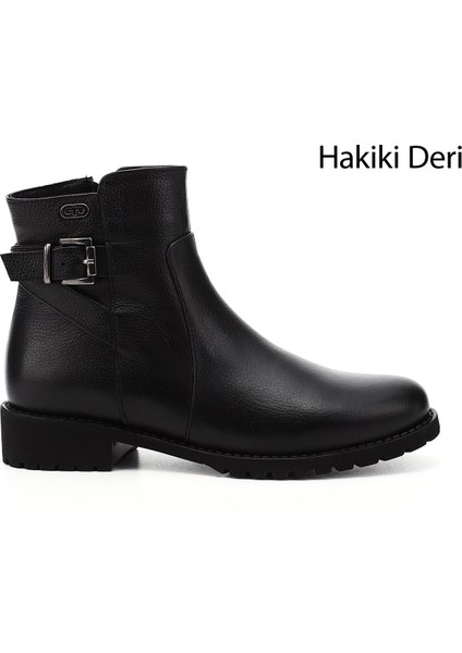 Gön Hakiki Deri Yuvarlak Burun Kauçuk Taban Topuklu Fermuarlı Kadın Günlük Bot 46460