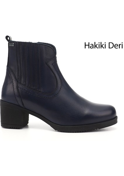 Kadın Lacivert Fermuarlı Kalın Topuklu Hakiki Deri Bot