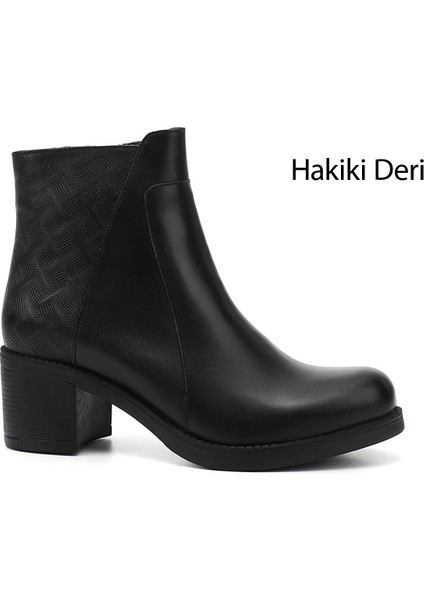 Kadın Siyah Fermuarlı Kalın Topuklu Hakiki Deri Bot