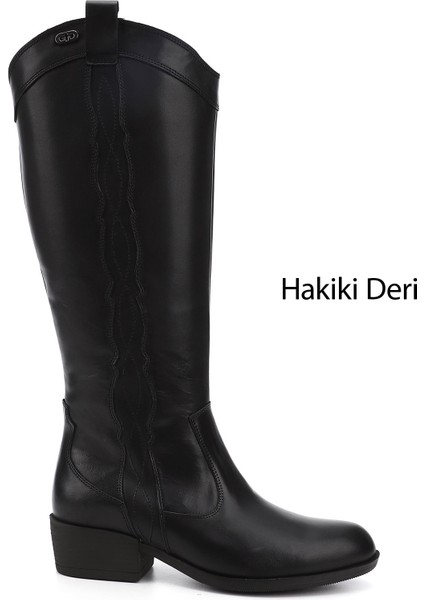 Kadın Siyah Fermuarlı Kalın Topuklu Hakiki Deri Kovboy Çizme