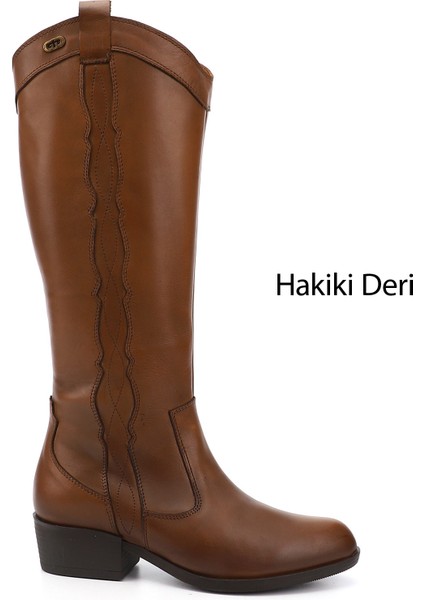 Kadın Taba Antik Fermuarlı Kalın Topuklu Hakiki Deri Kovboy Çizme