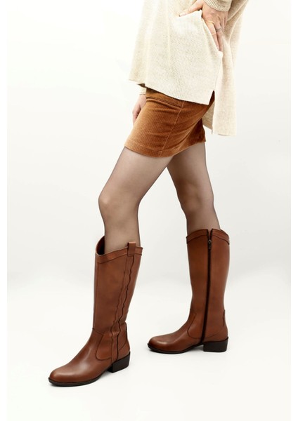 Kadın Taba Antik Fermuarlı Kalın Topuklu Hakiki Deri Kovboy Çizme fiyatları