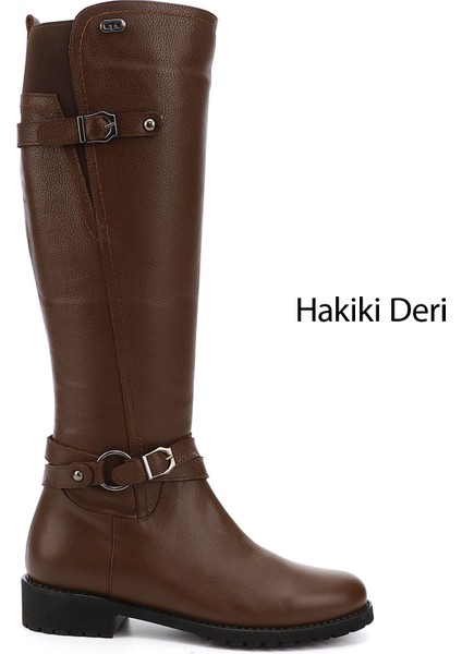 Kadın Kahve Floter Fermuarlı Kauçuk Taban Hakiki Deri Çizme