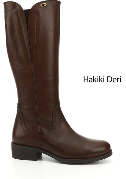 Kadın Kahve Antik Fermuarlı Kalın Topuklu Hakiki Deri Çizme