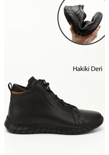 Erkek Siyah Fermuarlı Hakiki Deri Outdoor Bot