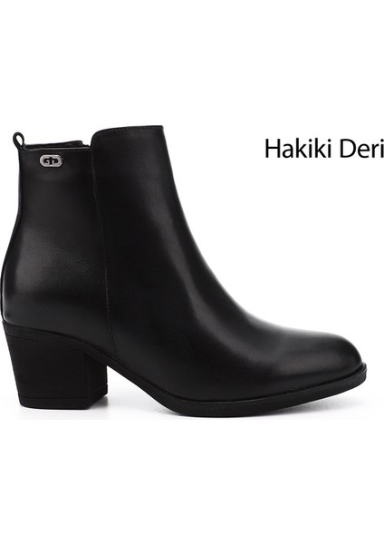 Kadın Siyah Fermuarlı Kalın Topuklu Hakiki Deri Bot