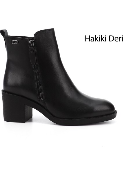 Kadın Siyah Fermuarlı Kalın Topuklu Hakiki Deri Bot
