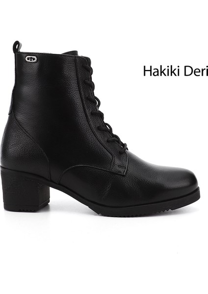 Kadın Siyah Floter Fermuarlı Kalın Topuklu Hakiki Deri Postal Bot