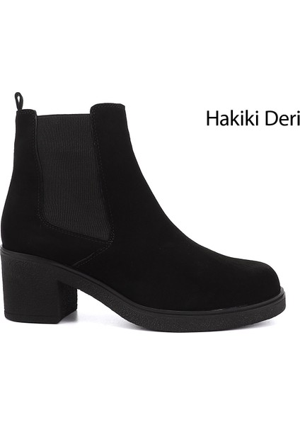 Kadın Siyah Deri Fermuarlı Kalın Topuklu Hakiki Deri Chelsea Bot